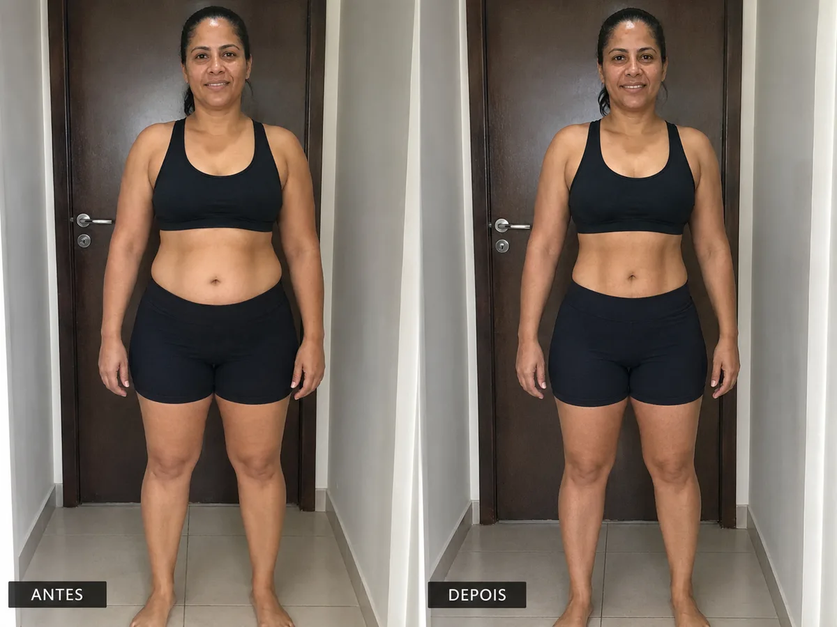 Antes e depois de uma mulher que seguiu o plano por 28 dias