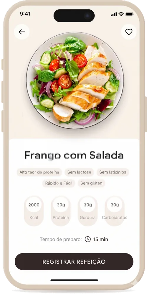 Tela de receita equilibrada no app Bloom