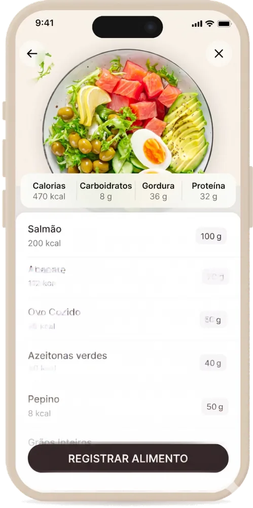 Tela de registro de calorias no app Bloom